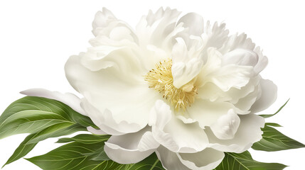 A pure white peony flower in full bloom with green leaves isolated on a transparent background. PNG