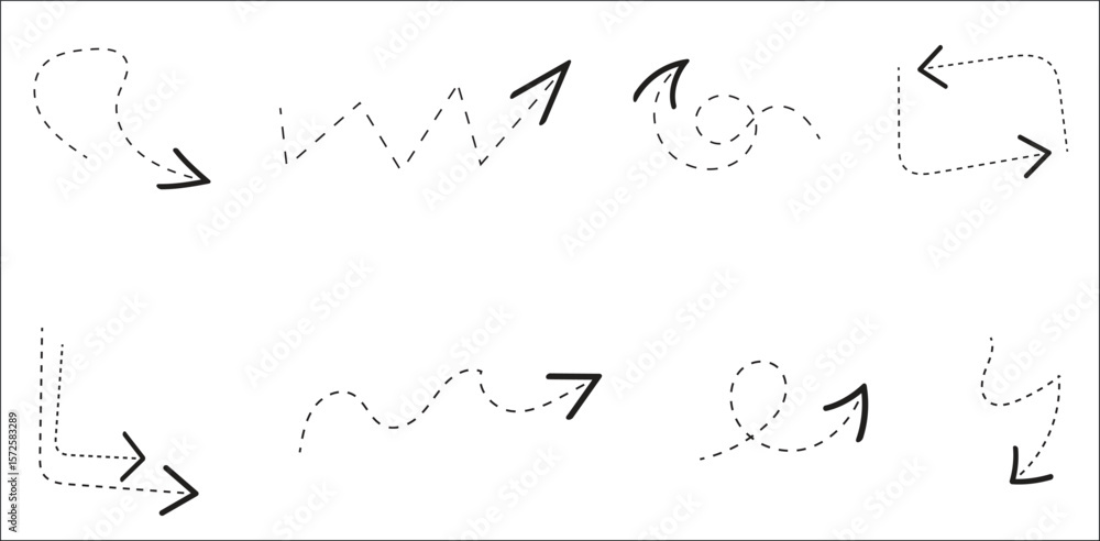 Poster set of hand-drawn dotted line arrows. sketchy doodle direction pointers and markers. vector icon col