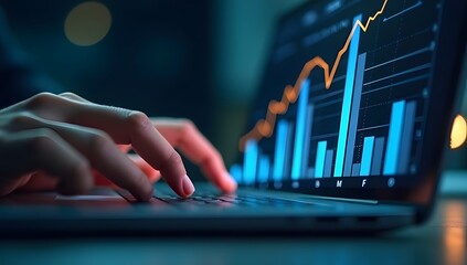 Hands working on modern laptop, analyzing upward trending bar graph
