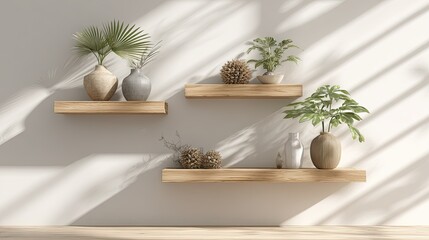 Elegant interior with wooden shelves, plants, and decorative items in a minimalist design