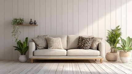 Elegant living room interior with minimalist design and cozy neutral palette