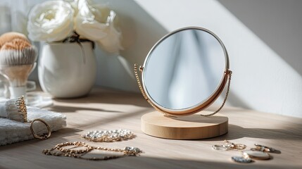 Elegant vanity scene with mirror, jewelry, and flowers in soft natural light