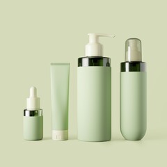 Minimalist skincare packaging mockup with blank green bottles and tubes. Includes dropper, pump, and spray containers, perfect for branding and product presentation
