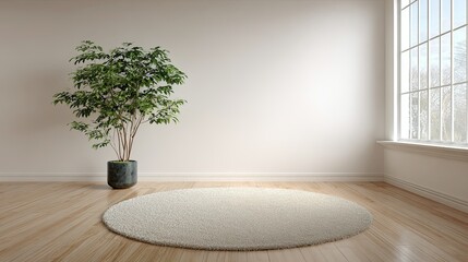 Minimalist interior design with a potted plant and round rug in a bright room
