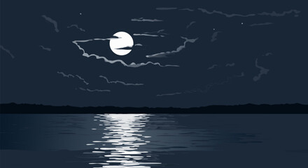 Moonlit scene reflecting over a serene lake on a peaceful night, with clouds drifting across the dark sky