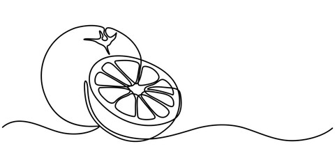 Orange continuous single line drawing. One line art orange fruit vector illustration, Continuous one line drawing of orange fruit, Orange fruit in continuous line art drawing style, Single outline.  © SREEPOLOK