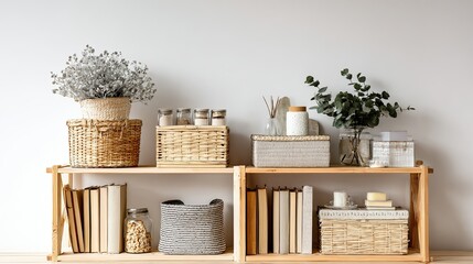 Cozy home interior design featuring shelves with decorative items against a white wall