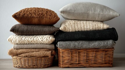 Cozy Comfort: Stacks of Knitted Blankets and Pillows in Wicker Baskets for Autumn