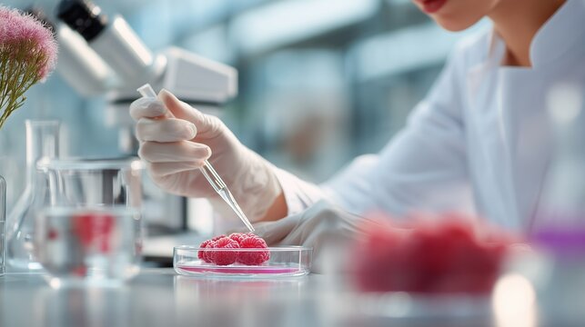 Laboratory technician conducts research with raspberries in modern lab setting during morning work hours