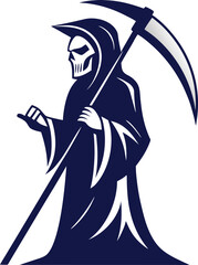 Stylized grim reaper with scythe and pointing finger in dark blue and white