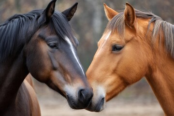 Fototapeta premium Two horses showing affection by touching noses