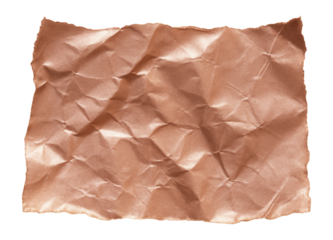 Crumpled piece of brown paper with rough edges on transparent background.