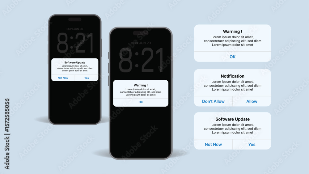 Poster realistic smartphone notification pop-up and software update templates – ui alert mockup with ok, al