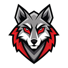 Gray wolf head features striking red eyes and a bold, dynamic, stylized appearance