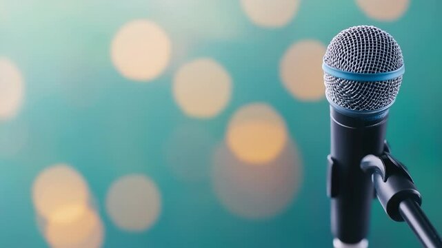Professional microphone on stand with sparkling bokeh background for audio recording live performance public speaking communication technology device music studio equipment