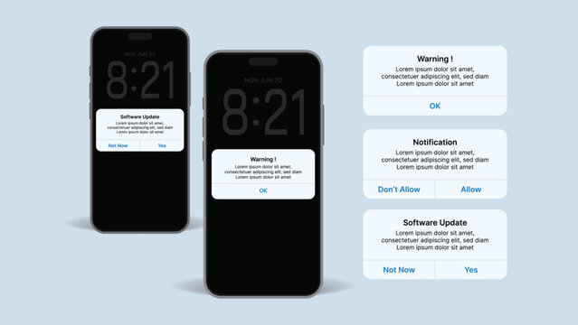 Realistic Smartphone Notification Pop-Up and Software Update Templates – UI Alert Mockup with OK, Allow and Not Allow Buttons Vector.