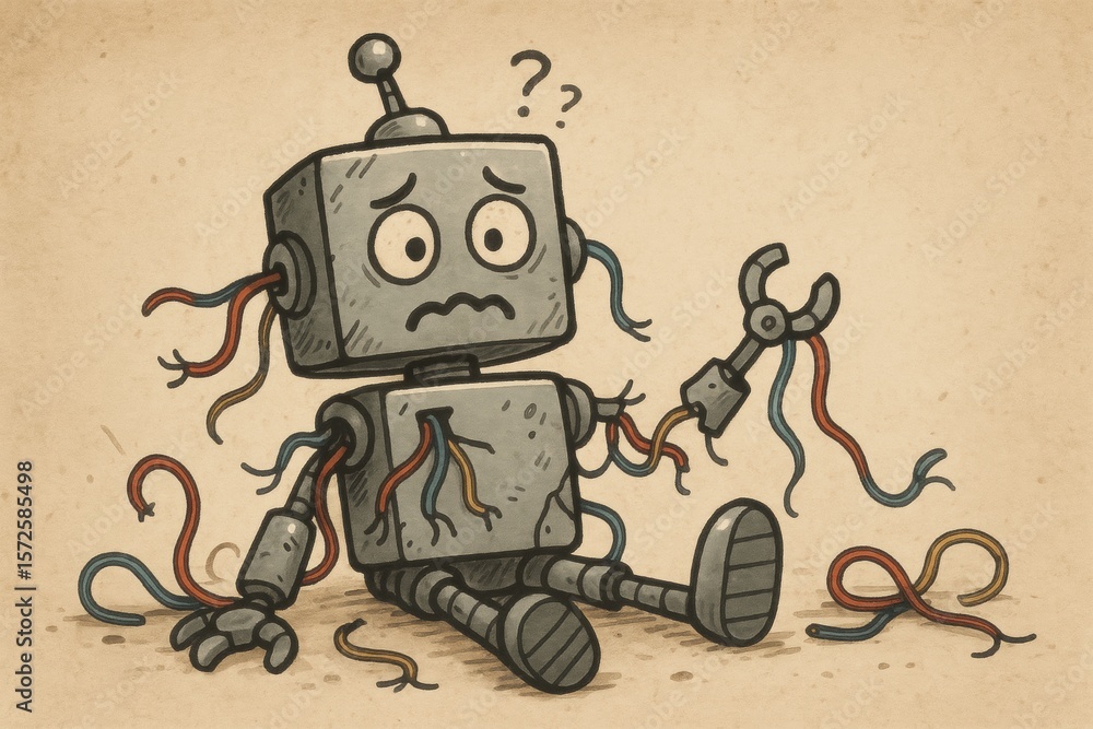 Aufkleber robot with tangled wires sits confused on the floor in a messy workshop while contemplating its malf