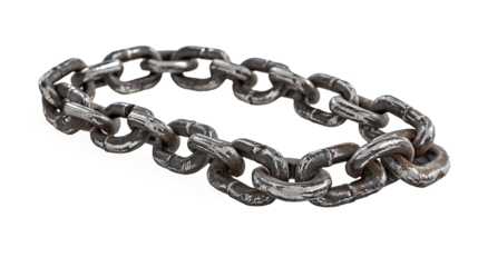 Close-up of a strong, rusty metal chain with connected links isolated on transparent, security and strength concept. PNG