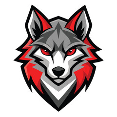 Gray wolf head stares fiercely with sharp red eyes within a stylized design