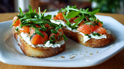 Delicious salmon toast with fresh greens served