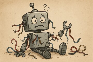 Robot With Tangled Wires Sits Confused on the Floor in a Messy Workshop While Contemplating Its Malfunction