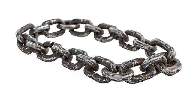 Close-up of a strong, rusty metal chain with connected links isolated on transparent, security and strength concept. PNG
