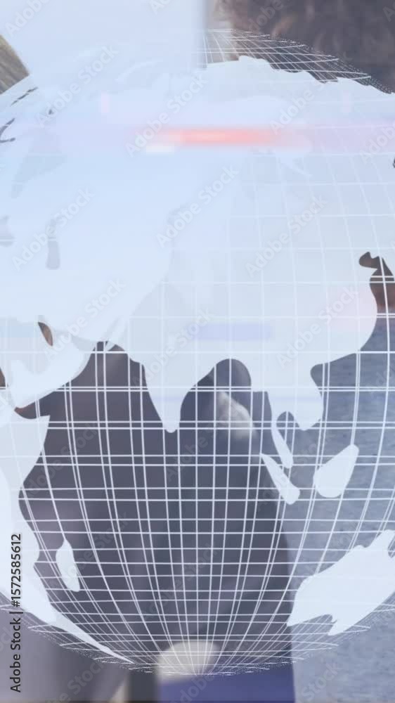 Poster animation of globe and data processing over diverse schoolchildren