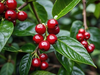 Obraz premium Coffee Plant with Ripe Berries Close-up
