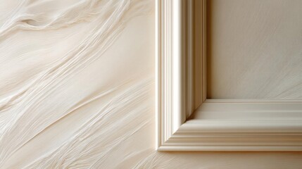 Close-up of a beige-colored wall with a white frame on the right side. the frame is made of wood and has a smooth, polished finish.