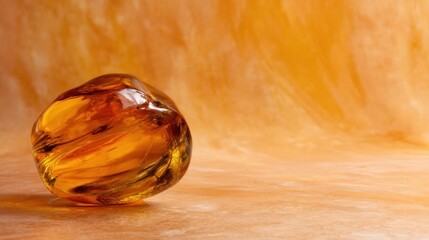 Close-up of a small, round, amber-colored object on a textured surface. the object appears to be made of glass or a similar material, with a smooth, shiny surface.