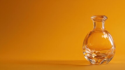 Photograph of a glass decanter bottle on an orange background. the bottle is made of clear glass and has a round shape with a narrow neck and a stopper on top.