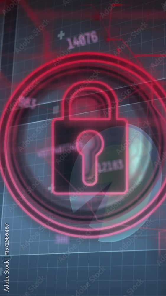 Aufkleber animation of changing numbers over security padlock icon against interface with data processing