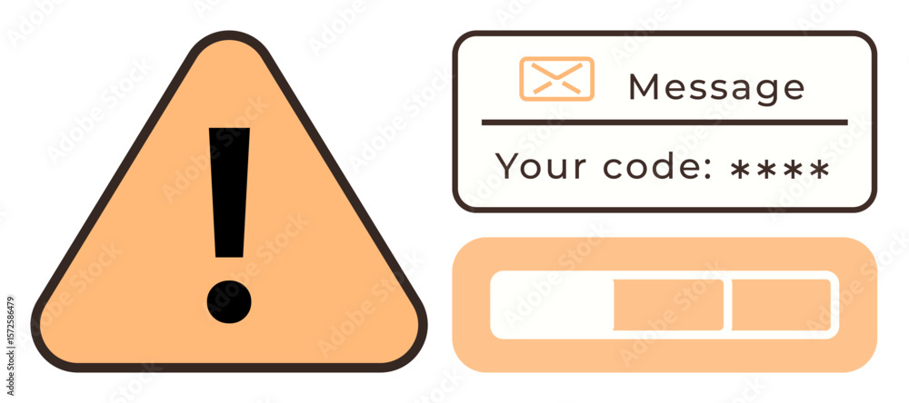 Poster exclamation warning icon, secure code message with asterisks, and progress bar. ideal for security, 