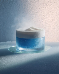 Moisturizing cream with mist on icy surface