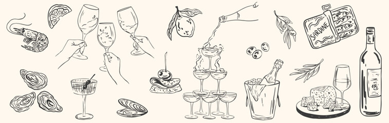 Hand drawn mediterranean food and drinks. Sketch chalk style lunch or dinner for wedding invitations, cafe or restaurant menus and parties. La dolce vita italian sicily vector illustrtion
