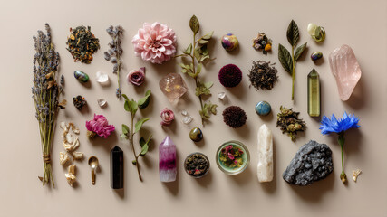 Display of nature items and crystals