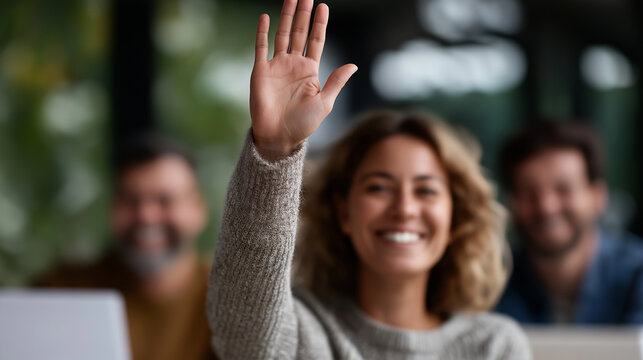 Cheerful Multi-Ethnic Office Group Celebrates Milestone with Energetic Team Gesture,team celebration, startup culture, diverse workplace, business teamwork,
employee motivation, collaborative environ - Powered by Adobe