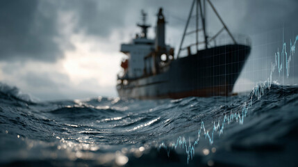 Trade war impact on export logistics analyzing stock chart trends in shipping industry ocean view