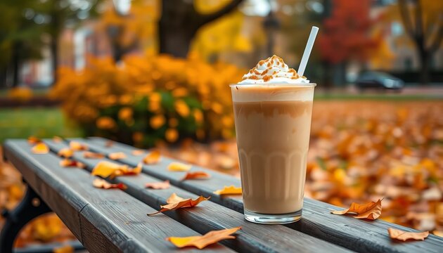Pumpkin spice cold brew latte sits on park bench, autumn leaves , autumn, outside