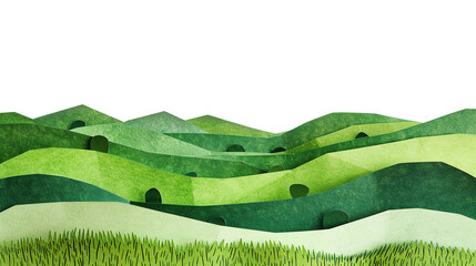 Retro paper collage of green grass hills and mountains on transparent background, beautiful summer nature scenery. PNG