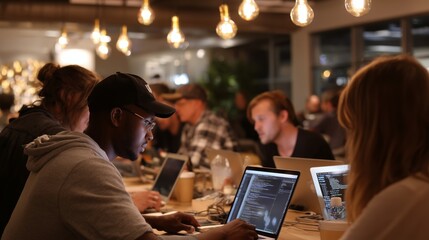 Group of people working collaboratively on laptops in a modern co-working space during evening