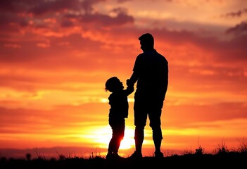 Silhouette of father and child enjoying a vibrant sunset, poster design, happy fathers day