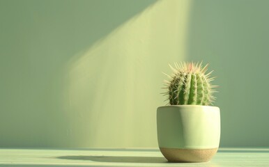 Minimalistic composition of a small cactus in a pot bathed in sunlight on green background