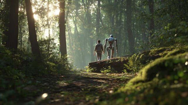 Man and robot walking together in peaceful forest at sunrise, symbol of harmony between nature and technology.
