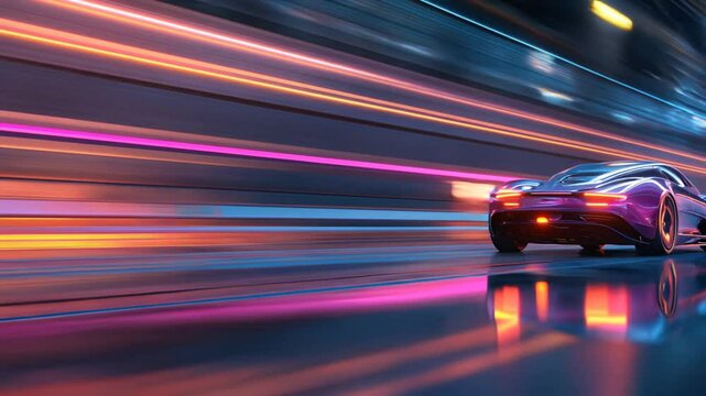 Sleek futuristic sports car speeding through neon tunnel with glowing light streaks and vivid reflections.