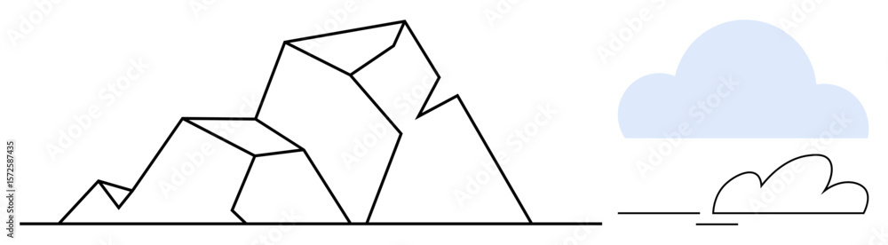 Poster angular mountain peaks in sharp geometric lines with a soft blue cloud and minimal lines below. idea