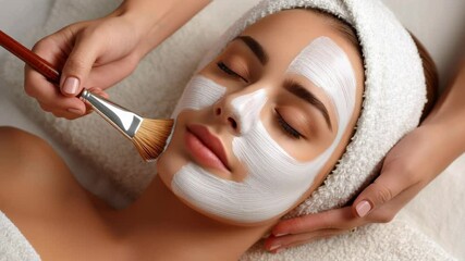 Clean beauty facial mask spa treatment skincare relaxation wellness brush woman towel headband facial mask application woman with closed eyes showing clean skin and beauty care relaxing spa - Powered by Adobe