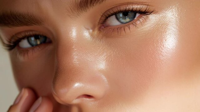 Clean skin close up beauty glowing natural fresh healthy face blue eye soft light highlighting smooth texture makeup free eyebrow natural glow smooth texture close up face blue eye healthy fresh skin