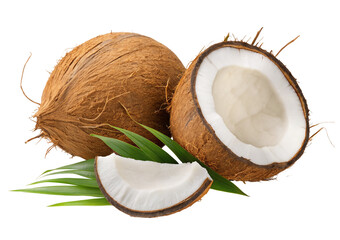 Whole coconut and half coconut with green leaves on white background for tropical fruit imagery