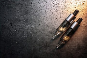 Vials of liquid on a textured black background